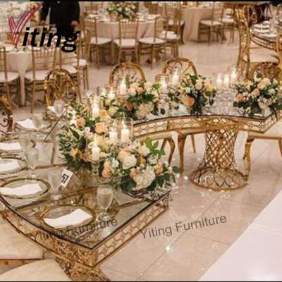 Fancy gold half moon dining table with tempered clear glass