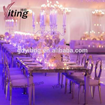 Modern shape mirror glass top sliver wedding dining table with diamond leg